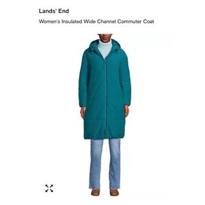 LANDS END Lined Commuter Coat Long Hooded Parka Teal Women's Large